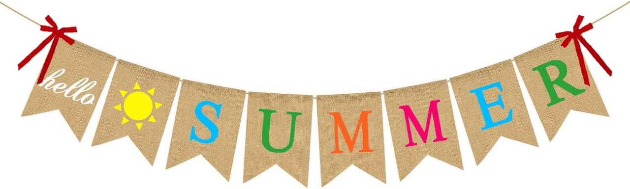 Hello Summer Burlap Banner with Sunshine Signs and Bows Rustic Bunting Garland for Camp Pool Beach Barbecue Hawaiian Summer Party Decorations